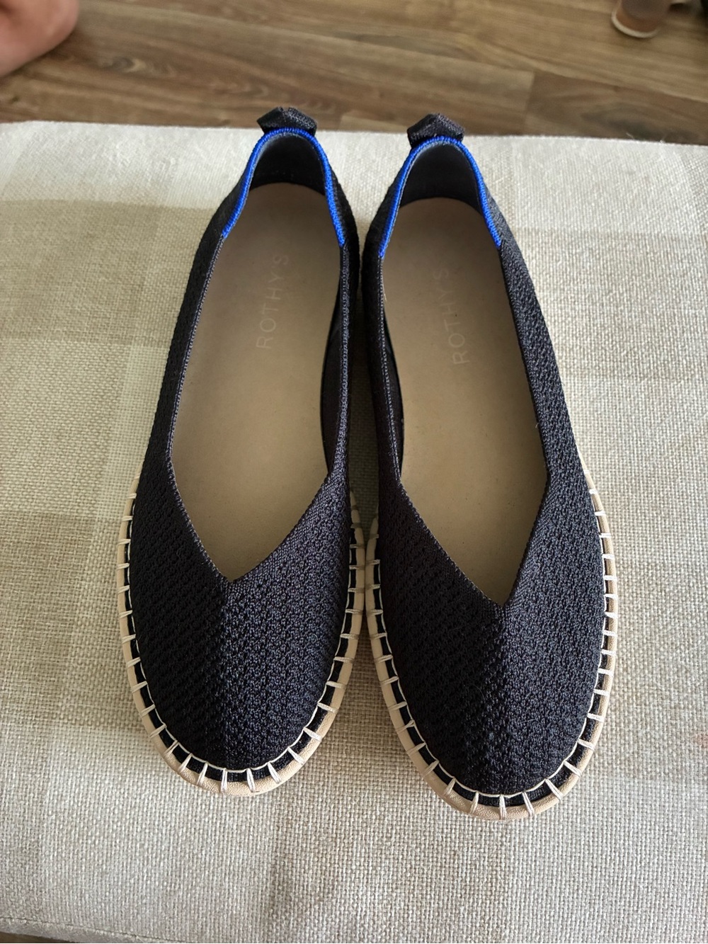 Rothy's Black Knit Espadrille-Style Slip Ons with Blue Trim